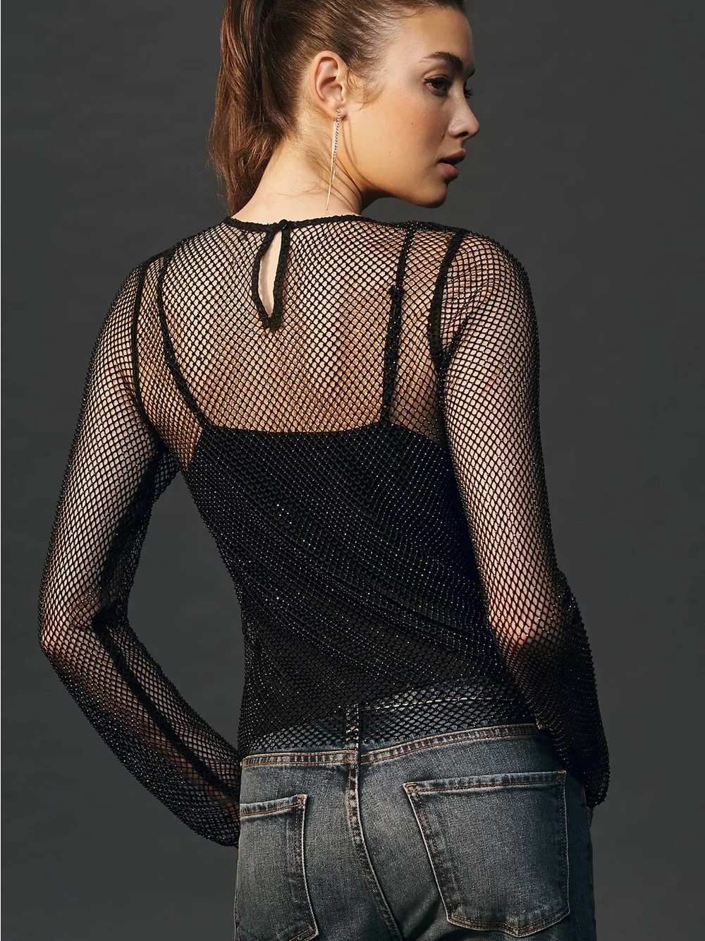 Anthropologie Black Beaded Mesh Top Long Sleeve Rhinestones Festival Y2K XXS